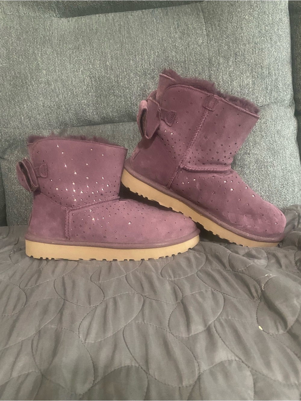 UGG Purple Shearling Lined Suede Ankle Boots With Star and Bow Detail